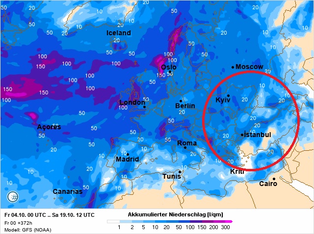 Wetterkarte zeigt die Trockenheit in Südrussland – entscheidender Faktor für die Weizenmärkte. Weizenmärkte, Trockenheit Südrussland, Weizenerträge