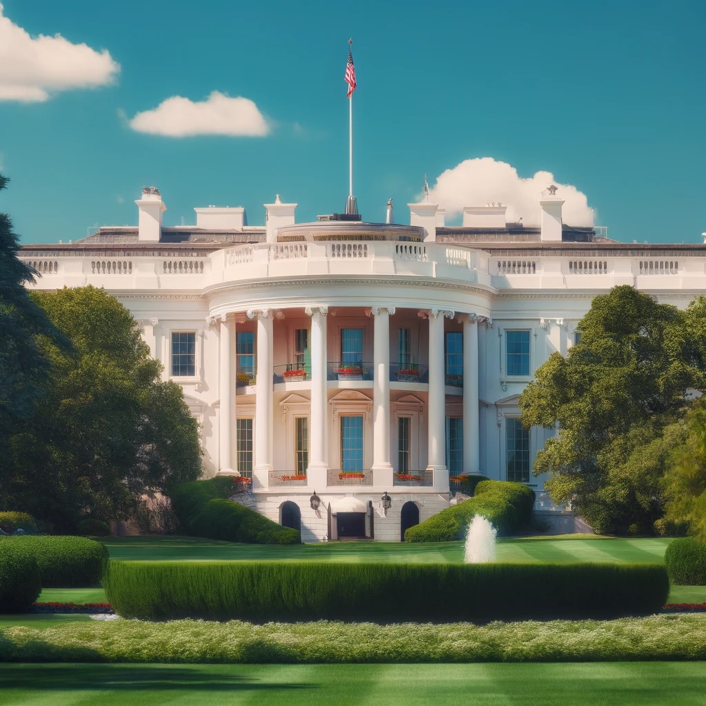 Weißes Haus im Sonnenschein mit amerikanischer Flagge auf dem Dach, gepflegte Gartenanlage im Vordergrund.“ Weizenpreise