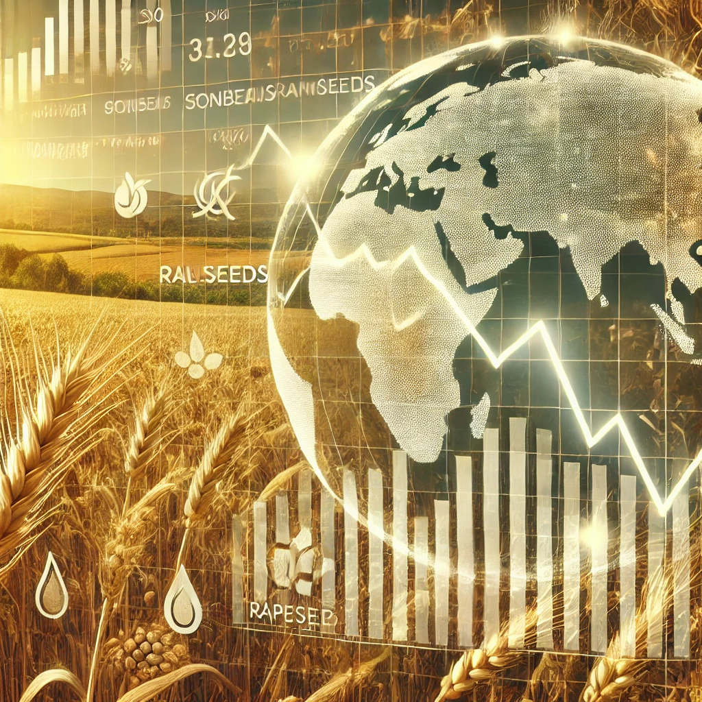 Illustration eines globalen Agrarmarkts mit fallenden Preisen auf einem Diagramm, Weizenfeldern im Hintergrund und Ölsaaten wie Sojabohnen und Raps im Fokus. Weizenfutures, Pflanzenölmarkt, Sojaöl, Raps